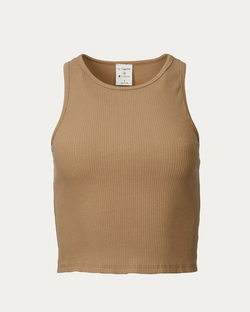 Front of a size L Cropped Ribbed Stretch-Cotton Top in Mocha in Mocha by By Together. | dia_product_style_image_id:333837